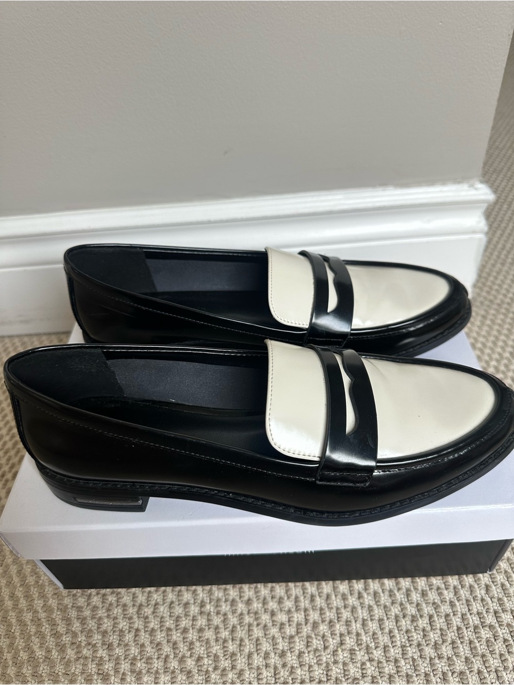 Charles & Keith Black and White Leather Penny Loafers for Women - Picture 2 of 8